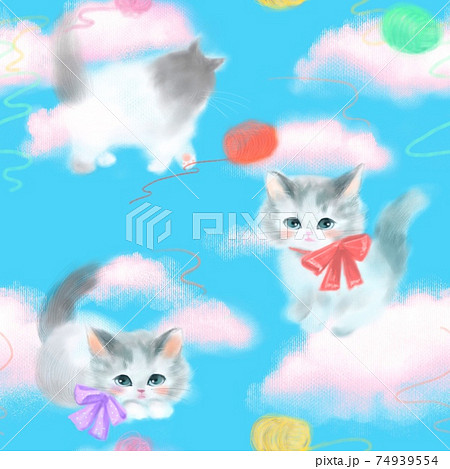 お空の上でカラフルな毛糸で遊ぶリボンをつけたキュートな子猫たちのシームレスパターン 74939554