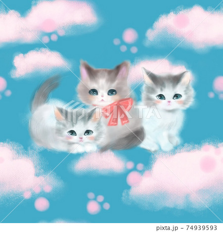 ふわふわな白い雲とお空で戯れるキュートな三匹子猫たちのパターンイラストのイラスト素材