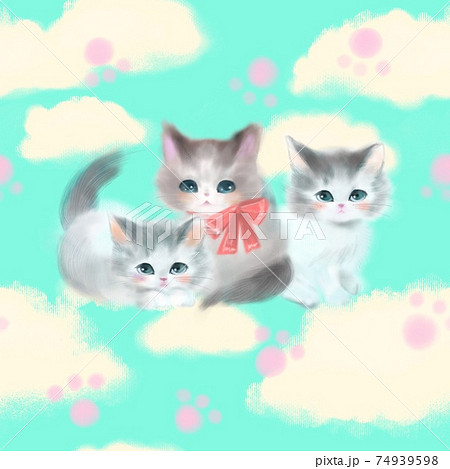 ふわふわな白い雲とお空で戯れるキュートな三匹子猫たちのパターンイラストのイラスト素材