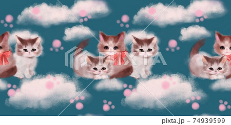 ふわふわな白い雲とお空で戯れるキュートな三匹子猫たちのパターンイラストのイラスト素材