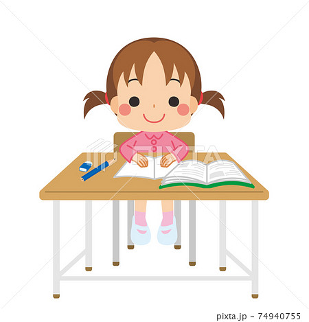教室の机と椅子にきちんと座って学校の授業を受ける可愛い小学生の女の子のイラストのイラスト素材