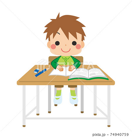 教室の机と椅子にきちんと座って学校の授業を受ける可愛い小学生の男の子のイラストのイラスト素材