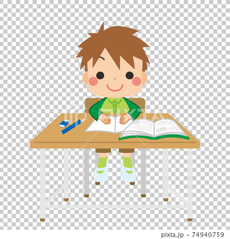 教室の机と椅子にきちんと座って学校の授業を受ける可愛い小学生の男の子のイラストのイラスト素材