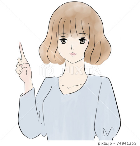 指差ししている若い女性の線画イラストのイラスト素材