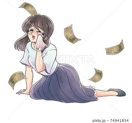 レトロ少女漫画風 お金が舞う 悲劇のヒロイン ビジネスカジュアルのイラスト素材 レトロ少女漫画風 お金が舞う 悲劇のヒロイン ビジネスカジュアルのイラスト素材