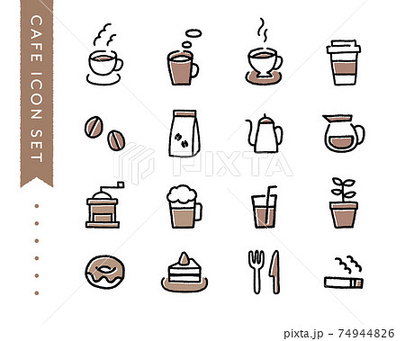 手描きのカフェのアイコンセット コーヒー 珈琲 紅茶 スイーツ イラスト 飲み物 マグカップのイラスト素材