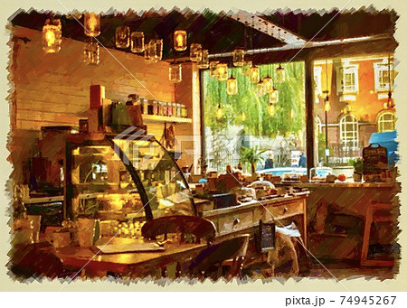 おしゃれな海外のカフェの風景のイラスト素材