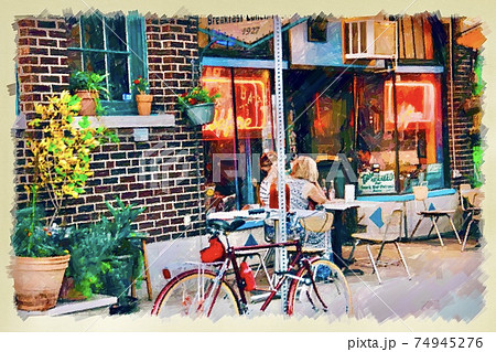 おしゃれな海外のカフェの風景のイラスト素材 [74945276] - PIXTA