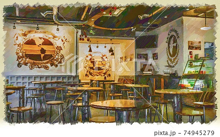 おしゃれな海外のカフェの風景のイラスト素材 [74945279] - PIXTA