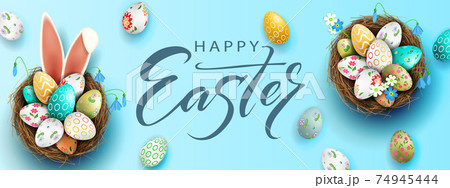 Easter blue illustration, eggs in a basket with a beautiful pattern, bunny ears, blue snowdrops 74945444