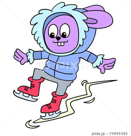 Rabbit wearing hoodie jacket playing ice skating skate slip, doodle icon image kawaii 74945585
