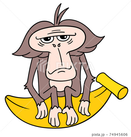 an innocent faced old monkey sitting gloomily on a large banana, doodle icon image kawaii 74945606