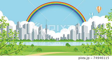 ビルの街並み 公園 背景素材のイラスト素材