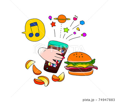 ハンバーガーとソーダとフライドポテトを食べる人の手のイラストのイラスト素材