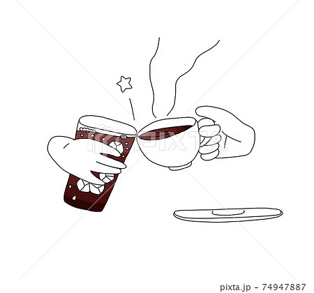 ティータイムでソーダを飲む人とコーヒーを飲む人の手の線画イラスト 乾杯 ティータイムでソーダを飲む人とコーヒーを飲む人の手の線画イラスト 乾杯 74947887