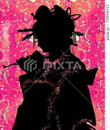 メラメラ燃える炎と煙管をふかす吉原遊廓花魁のシルエットのイラスト素材