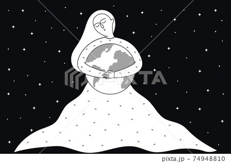 A woman holds the earth in her hands against the background of the starry sky. A woman holds the earth in her hands against the background of the starry sky. 74948810