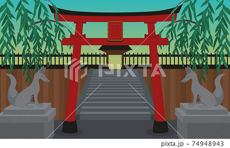 神社の鳥居と狛狐と柳の木の風景ベクターイラスト 背景のイラスト素材
