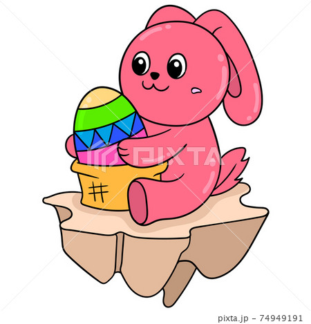 cute red rabbit playing with easter eggs, doodle icon image kawaii 74949191
