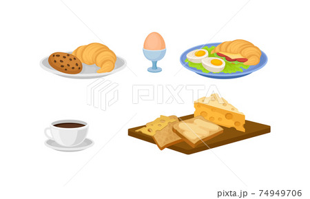 Breakfast with Croissant, Egg, Coffee Cup and Cheese Slab Vector Set 74949706