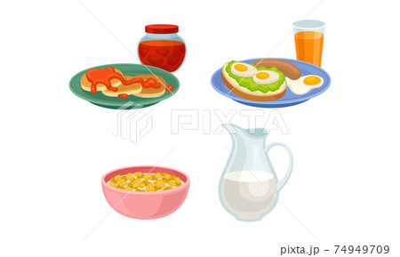 Breakfast with Pancakes, Sandwich and Corn Flakes with Milk in Bowl Vector Set 74949709