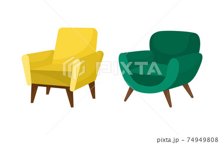 Armchair as Seat and Piece of Furniture with Armrests and Wooden Legs Vector Set 74949808