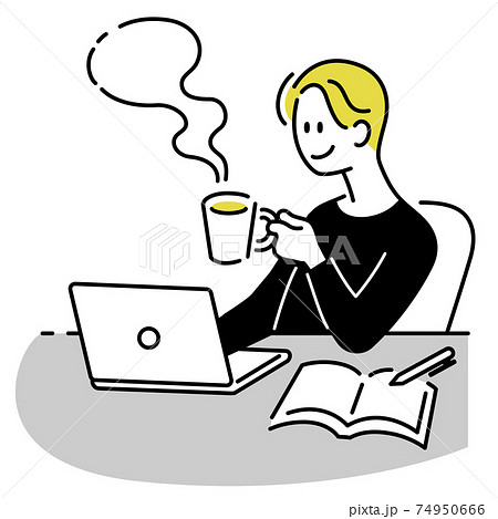 ノートパソコンで仕事や勉強をする男性 休憩のイラスト素材