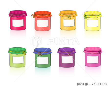 Jars with blank labels. Colorful set of canning jars for fruits, jam and vegetables in screw glasses. Isolated vector illustration on white background. Jars with blank labels. Colorful set of canning jars for fruits, jam and vegetables in screw glasses. Isolated vector illustration on white background. 74951269