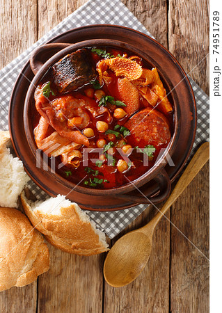Madrid Style Tripe Recipe Callos Madrilenos closeup in the plate. Vertical top view Madrid Style Tripe Recipe Callos Madrilenos closeup in the plate. Vertical top view 74951789