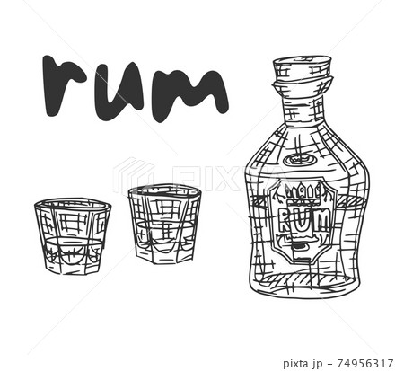 bottle of rum and glasses with alcohol. doodle new 74956317