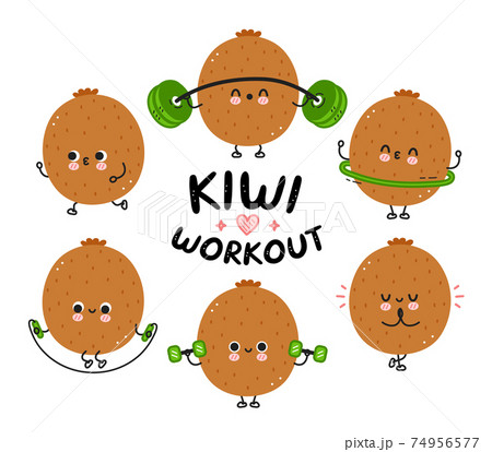 Cute funny kiwi make gym set collection. Vector flat line cartoon kawaii character illustration icon. Isolated on white background. Kiwi fruit workout character bundle concept 74956577
