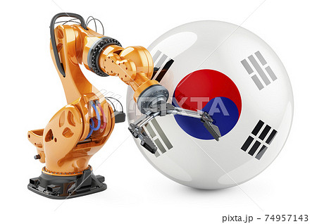 Robotic arm with South Korean flag. Modern technology, industry and production in South Korea concept, 3D rendering Robotic arm with South Korean flag. Modern technology, industry and production in South Korea concept, 3D rendering 74957143