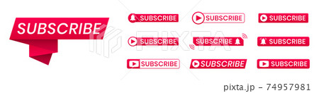 Red subscribe button icons with ring symbol. Subscribe to channel for blogging, streaming, broadcasting. Template for social media. Concept of business subscription, advertisement 74957981
