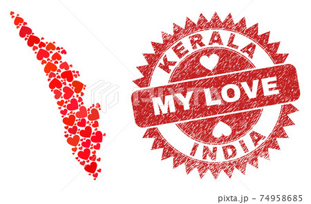My Love Watermark Stamp and Kerala State Map Valentine Heart Mosaic 74958685