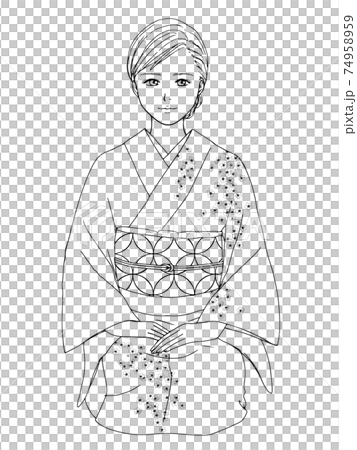 Line art of a woman in a kimono sitting upright 74958959