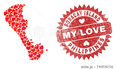 My Love Rubber Stamp Seal and Boracay Island Map Heart Mosaic 74959250