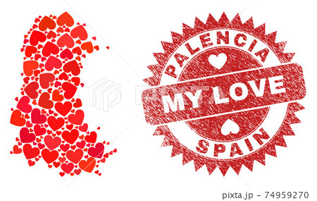 My Love Watermark Stamp and Palencia Province Map Valentine Heart Mosaic 74959270