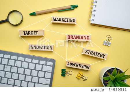 Branding concept - wooden blocks with inscriptions marketing, strategy, target, advertising. 74959511