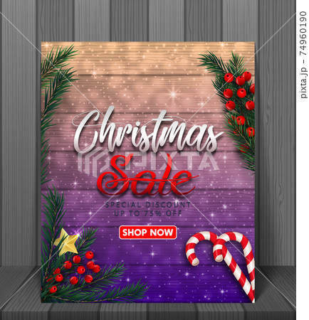 Christmas sale background with red realistic ribbon banner and gift boxes.Vector Christmas sale background with red realistic ribbon banner and gift boxes.Vector 74960190