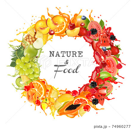 Round Frame of fresh fruit and berries in juice splash. Strawberry, raspberry, blueberry, blackberry, orange, guava, watermelon, pineapple, mango, peach. Vector. Round Frame of fresh fruit and berries in juice splash. Strawberry, raspberry, blueberry, blackberry, orange, guava, watermelon, pineapple, mango, peach. Vector. 74960277