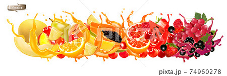 Fruit in juice splash panorama. Strawberry, raspberry, blueberry, blackberry, orange, guava, citron, grape, watermelon, honey melon, mango, peach. Vector. Fruit in juice splash panorama. Strawberry, raspberry, blueberry, blackberry, orange, guava, citron, grape, watermelon, honey melon, mango, peach. Vector. 74960278