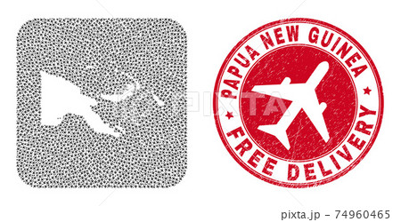 Free Delivery Grunge Badge and Papua New Guinea Map Air Plane Hole Mosaic 74960465