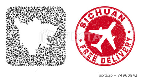 Free Delivery Watermark Badge and Sichuan Province Map Jet Vehicle Subtracted Mosaic Free Delivery Watermark Badge and Sichuan Province Map Jet Vehicle Subtracted Mosaic 74960842
