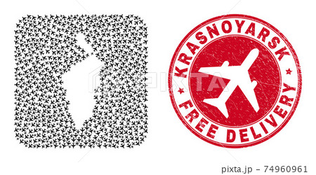 Free Delivery Watermark Stamp Seal and Krasnoyarskiy Kray Map Airliner Subtracted Mosaic 74960961