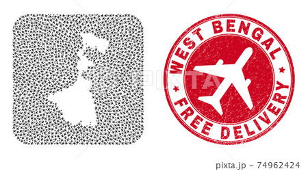 Free Delivery Scratched Badge and West Bengal State Map Airplane Inverted Mosaic Free Delivery Scratched Badge and West Bengal State Map Airplane Inverted Mosaic 74962424