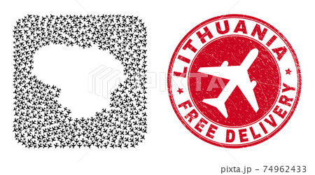 Free Delivery Grunge Stamp Seal and Lithuania Map Air Plane Inverted Mosaic 74962433