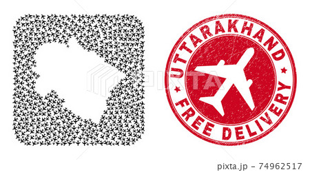 Free Delivery Watermark Stamp Seal and Uttarakhand State Map Airplane Inverted Mosaic 74962517