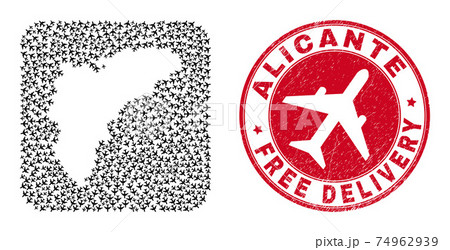 Free Delivery Grunge Seal and Alicante Province Map Aeroplane Inverted Mosaic 74962939