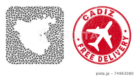 Free Delivery Scratched Stamp and Cadiz Province Map Air Plane Subtracted Mosaic Free Delivery Scratched Stamp and Cadiz Province Map Air Plane Subtracted Mosaic 74963080