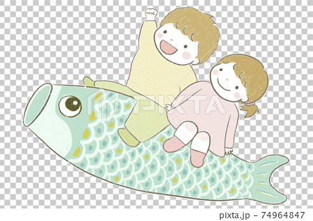 鯉のぼりに乗る男の子と女の子のイラスト素材